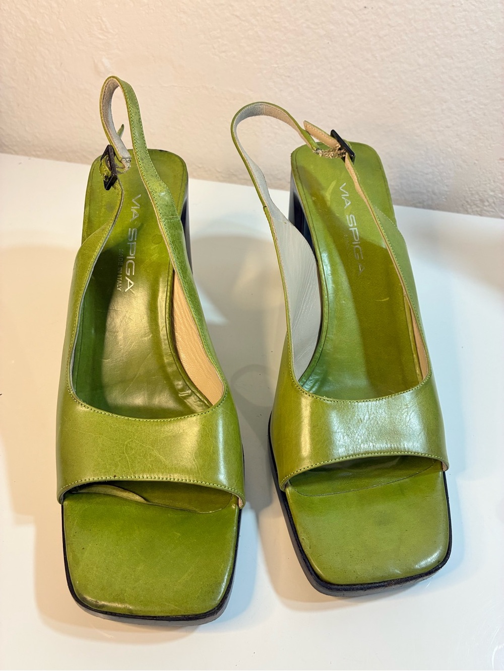 Via Spiga Italy 9.5M Chartreuse Leather Slingback Block Heel Sandals 90s - READ